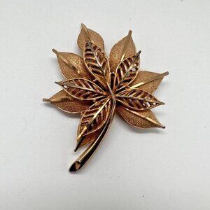 Vintage Coro Leaf Brooch Gold Tone Layered Leaves Polished Texture Finishes